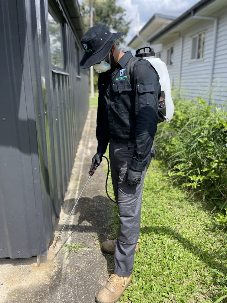 Response Pest Control technician  Spraying Around Side of home